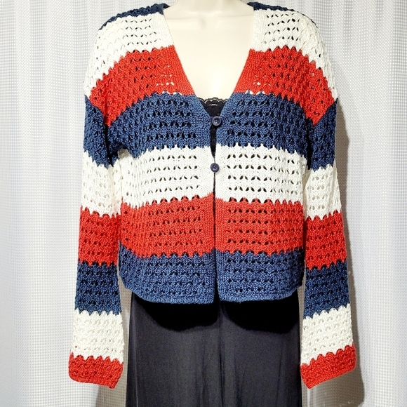 33 Degrees Patriotic Striped Crochet Long Bell Sleeve Sweater (M) - Picture 1 of 8